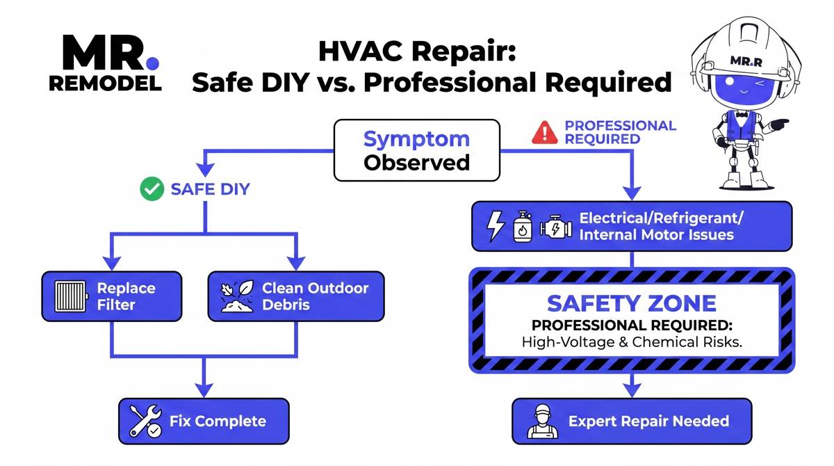 A simple, high-visibility decision map for homeowners. "Symptom Observed" -> "Check Filter/Breaker?" -> If no, "Professional Diagnostic Required." It features a bold, red "Safety Zone" around internal electrical and refrigerant components, reinforcing the "DIY vs. Professional Limits" takeaway.